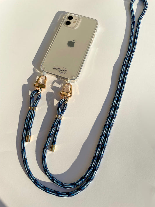 Permatomas telefono dėkliukas su virvele (mėlyna)
